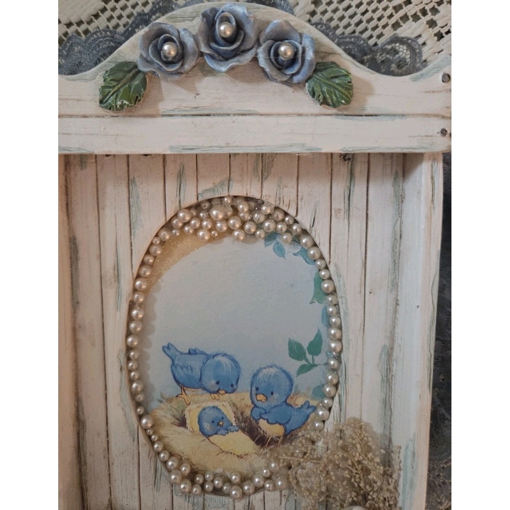 Vintage‎ Wall Art FramedPicture W Baby Blue Birds Lace Faux Pearls Cottage Cute - Picture 3 of 8
